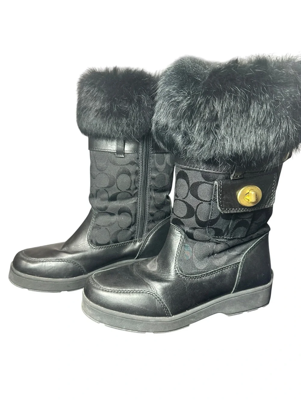 Coach Black Logo-Panel Fur Cuff Boots with Gold Turn-Lock